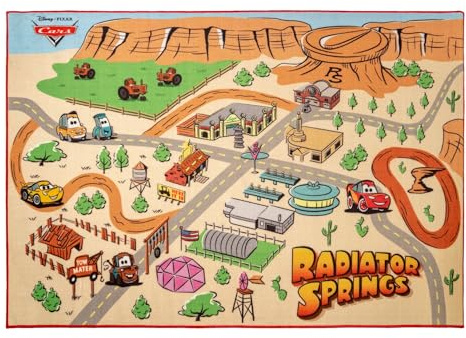 Gertmenian Disney Pixar Cars Indoor Game Rug - 4x6 Large, Non-Slip, Ideal for Children in Bedroom, Game Room, Classroom, Nursery or Play Area - Radiator Springs Playmat, Multi/Tan, 31201