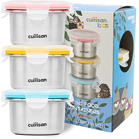Cuitisan Infant EC10201S3 Lot de 3 mini boîtes de conservation hermétiques en acier inoxydable avec couvercle et poignées pratiques 300 ml Passe au micro-ondes et au four, lave-vaisselle, congélateur