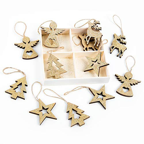Logbuch-Verlag12 goldene Holz Weihnachtsanhänger Baumschmuck Engel Stern Rentier Weihnachten Hänger 5-6 cm