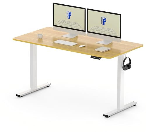 FLEXISPOT E1 Plus 140 * 80cm Electric Height Adjustable Standing Desk ONE PIECE Sit Up Desk with Memory Smart Panel Backpack Hook, Home Office (White Frame+ Maple Desktop)