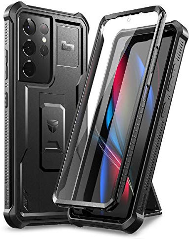 Dexnor Hülle Kompatibel mit Samsung Galaxy S21 Ultra 5G 6,8 mit eingebautem Displayschutz Militärschutz Rüstung Heavy Duty 360 Ganzkörper Stoßfeste Stoßstangenschutz Abdeckung mit Ständer - Schwarz