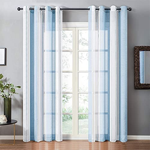 SWECOMZE 2er Set Voile Vorhang Transparente Gardine mit Farbverlauf aus Voile mit Ösen Schlaufenschal Transparent Fensterschal für Schlafzimmer und Wohnzimmer (Blau,B150 ×H 250 cm)