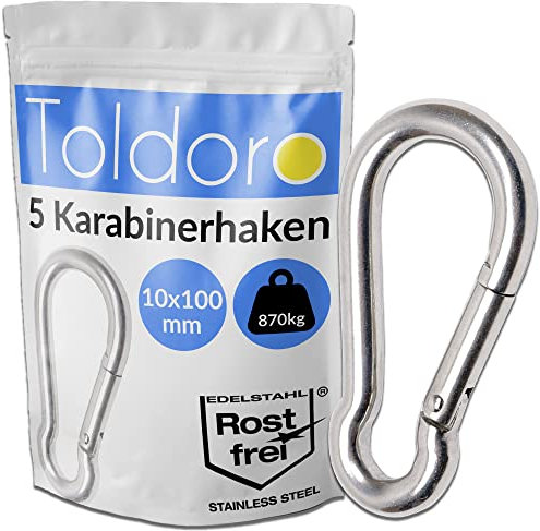 Toldoro 5X Edelstahl Karabiner 10x100mm Rostfrei - NIRO AISI 316 V4A / Karabinerhaken Groß für Schaukel, Camping oder Slacklines/Feuerwehrkarabiner/Karabiner Set