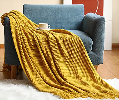 Hayisugal Wohndecke Weich Strick Wolldecke Quaste Boho Decke Kuscheldecke Sofadecke überwurf Decke für Couch Bett Sofa Stuhl, Gelb, 130 x 150cm