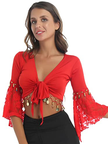dPois Damen Bauchtanz Oberteil Kostüm Crop Tops Bauchfrei mit Quasten Fransen Glitzer Wickeljacke Kurzarm Bolero Schulterjacke Tanzkleidung Rot XXL