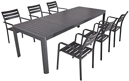 Dynamic24 Garden Pleasure 7tlg. Garten Tischgruppe aus Aluminium für 6 Personen Sitzgruppe Stapelstuhl Stuhl mit Ausziehtisch anthrazit Gartenmöbel