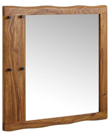 FineBuy Wandspiegel Sheesham Massivholz 80x80x3 cm Design Flurspiegel Baumkante, Hängespiegel Modern mit Haken, Spiegel Wand Groß, Moderner Garderobenspiegel