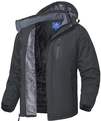 SPOSULEI Herren Winter Fleecejacke Warme Verdickt Gefüttert Skijacke Outdoor Winddicht Wasserdicht Jacke mit Abnehmbarer Kapuze für Wandern Dunkelgrau S