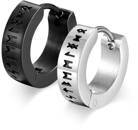 Nordischer Wikinger Hoop Ohrring Herren - Amulett Schutz Schmuck Geschenke Edelstahl Herren Ohrstecker mit Nordic Elder Futhark Runen,Schwarz und Silber,1 Paar,