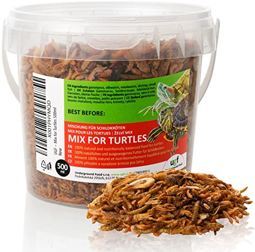 UGF - Universal Turtle Food Mix, Seau de 500 millilitres ≈ 90g, Nourriture équilibrée pour Tortues, gammares, vers à Soie, vers de Farine, crevettes et Poissons séchés, Nourriture pour Tortues