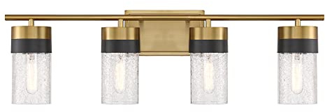 Savoy House 8-3600-4-322 Brickell Vintage Crackled Glass Bathroom Vanity Wall Light, 4-Light 240 Total Watts, 9 H x 30 W, Warm Brass