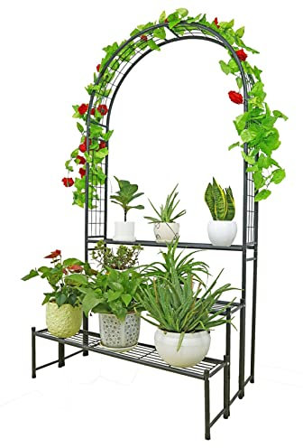 XIGOUZIQU Support for Plantes à 3 Niveaux avec Arche de Jardin, présentoir for Pot de Fleurs, Arche décorative for Roses, tonnelle de Jardin for Plantes grimpantes, Facile à Nettoyer