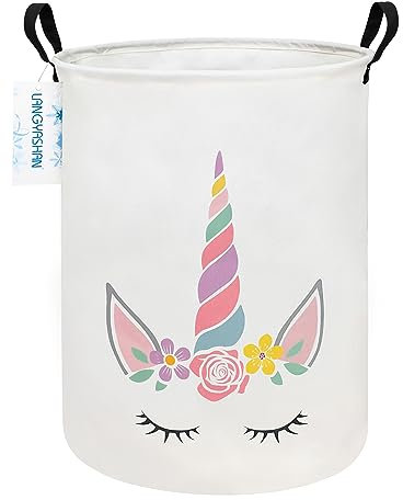 LANGYASHAN Laundry Basket Canvas Fabric Collapsible Organizer Basket for Storage Bin Toy Bins Gift Baskets Bedroom Clothes Children Nursery Hamper (Round Pink Unicorn)