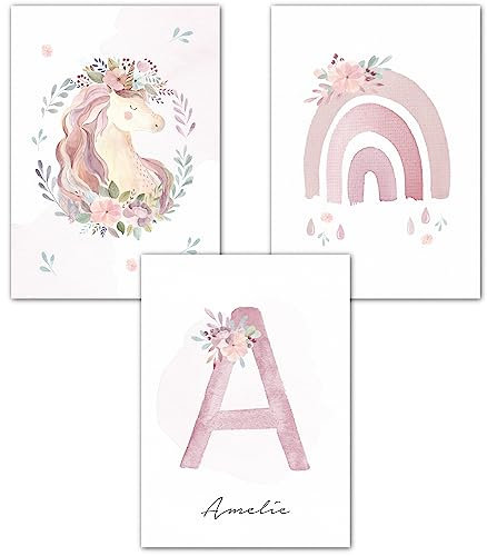 double critical Wandbilder Kinderzimmer Poster 3er Set Name personalisiert Bild Babyzimmer Einhorn Poster Mädchen Wanddeko A4 A3 Rosa Beige