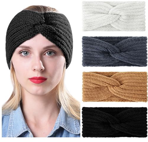 Monbessi 4 Stück Stirnband Damen Winter, Frauen Häkelarbeit Stirnbänder Elastisches Stirnband Madchen Winter, Partei Outdoor-Sportarten (Schwarz + Braun + Grau + Beige)
