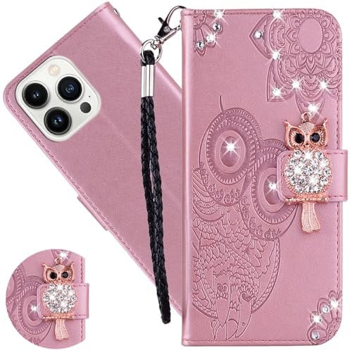 Ysnzaq Embossed Case for Apple iPhone 15 Pro Max 6.7, Owl Glitter Sparkly PU Leather Wallet Shockproof Flip Magnetic Women Cover with Stand Card Slots for Apple iPhone 15 Pro Max. YK Rose Gold
