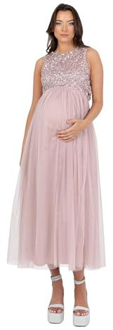 Maya Deluxe Womens Ladies Maternity Dress for Pregnant Wedding Guest Midaxi Sleeveless Sequin Embellished Tulle Crew Neck Bridesmaid, Robe de Demoiselle d'honneur aux Femmes, Soft Pink,