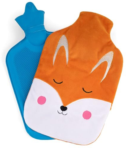 Wärmflasche mit Bezug 2L Auslaufsichere Bettflasche 35 cm x 18,5 cm mit schönen Fleece Bezug Gummi Wärmflasche mit Deckel Motiff Fuchs [092]