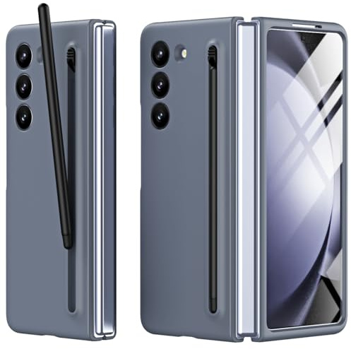 Miimall Hülle Kompatibel mit Samsung Galaxy Z Fold 5 Hülle mit Pen & Displayschutz, Robust Fold 5 Handyhülle mit Federbelasteter Slim S-Pen Halter Case für Samsung Fold 5 Hülle -Dunkelgrau