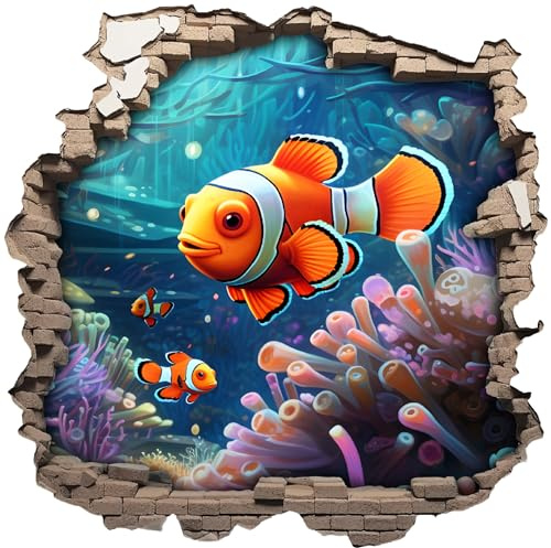Wandtattoo Wandriss mit Clownfisch Fenster in andere Welt Portal Schiffsfenster Kinderzimmer Wandaufkleber (30x30cm Clownfisch)