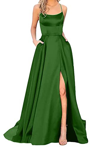 Satin Spaghetti Strap Dress Plain Prom Dresses Women Elegant Neckholder Backless Long Dresses for Women UK Side Slit Swing Dress for Wedding Evening Party Dresses with Pockets Pure Simple Dress, grün,