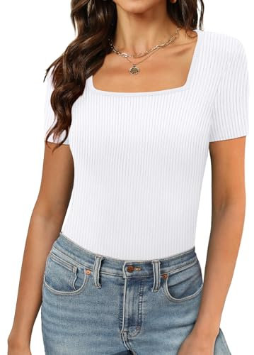 Aokosor Ladies Tops Womens Square Neck Tops Summer Slim Fit Short Sleeve Shirts Ribbed White Tops Size 18-20