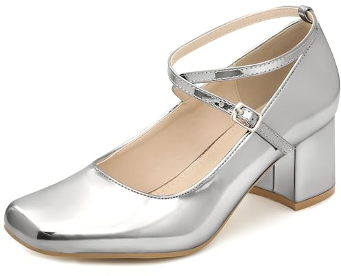 Perphy Lack-Pumps Mary Jane Schuhe Crisscross Strap Blockabsatz Kleid Pumps für Damen, silber, 39 EU