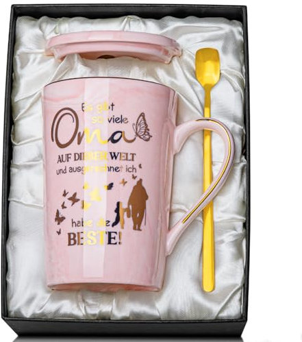 Biching Oma Geschenk für Geburtstag Muttertagsgeschenk - Beste Oma Tasse - Geschenkideen zum Geburtstag für Oma - 400 ml Rosa Kaffeetasse aus Marmor mit Goldfarbenem Muster in Exquisiter Geschenkbox