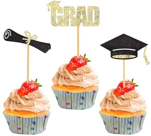 36 Stück Abschluss Cupcake Topper, 3 Stile Abschlusskappen Cupcake Topper Glitzer Diplom Cupcake Topper Abschluss Tortendeko für Abschluss Mottoparty Zubehör
