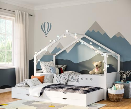 Bellabino Bela Kinderbett 90x200 cm – Hausbett mit Rausfallschutz & Lattenrost – Kinder Bett mit Gästebett und 2 Schubladen für Jungen und Mädchen – Montessori Kinderhausbett aus Holz in Weiß