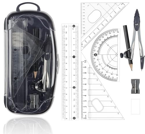Maths Set | 8Pcs Compass Maths Protractor and Compass Set | Geometry Sets Triangle Ruler Protractor Rubber Sharpener with Storage Box (Black)