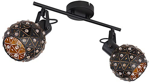 Deckenleuchte 2-flammig Metall Kristalle Esszimmer Design Deckenlampe mit beweglichen Spots, Metall schwarz gold, 2x E27, LxBxH 35x12x26 cm