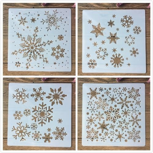 Schablonen zum Malen, 4 Stück, 20 x 20 cm, Schneeflocke, Winter, wiederverwendbar, Zeichnen, Bastelschablone zum Malen auf Holz, Stein, Wand, Fliesen, Möbeln, Leinwand, Tagebuch