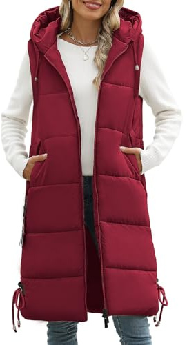 Vancavoo Lange Weste Damen Ärmellose Steppweste Winterweste mit Kapuze | Warm Longweste mit Reißverschluss, Reißverschlusstaschen und Dekorativen Seitlichen Kordelzügen