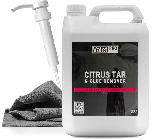 Autolack Klebstoff- & Teerentferner Set | ValetPRO Citrus Tar & Glue Remover 5l + Mikrofasertuch + Dispenser | Entfernt Kleberückstände Teer Baumharz von harten und lackierten Oberflächen am Auto