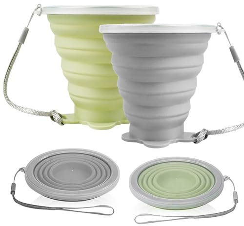 Faltbecher Silikon, 2 Stück Faltbare Becher mit Deckel und Schlüsselband, Umweltfreundlich, für Camping, Reisen, Picknick (Grün, Grau)