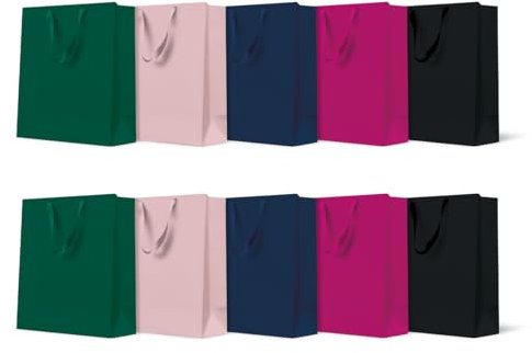 PAW - Geschenktüten 20 x 25 x 10 cm - Packung mit 10 Geschenktaschen mit Stoffhenkel | Mix aus 5 Unifarben | Elegante Taschen für Geburtstage, Hochzeiten, Babypartys, Partys und Geschenke