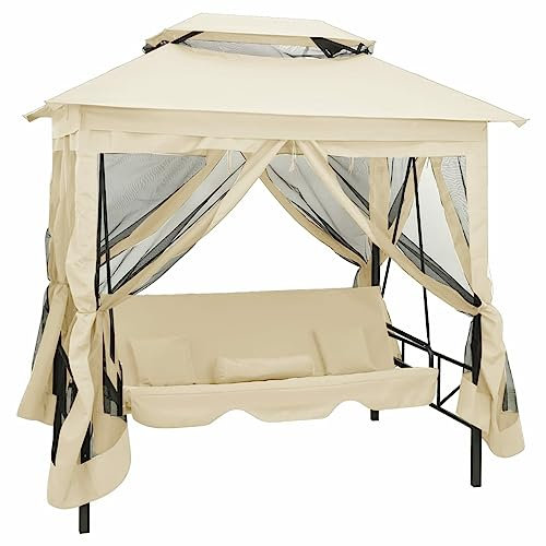 Homgoday Convertible Pavillon, Schaukelbank weiß Creme, Möbel, Gartenpavillon, faltbar, Außenpavillon für Garten, Balkon, Terrasse