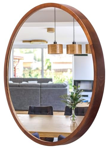 STOLARNIA PIKA Spiegel Rund Holz Nussbaum - Wandspiegel mit Holzrahmen (∅57 cm) - Runder Bad Spiegel für Badezimmer, Flur, Wohnzimmer, Schlafzimmer - Stilvoller 60 cm Badspiegel LEJA