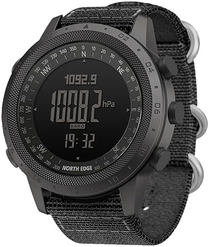Orologio militare da uomo con bussola contapassi altimetro barometro digitale sportivo 5ATM impermeabile nylon orologi da polso nero, Nero , cinghia
