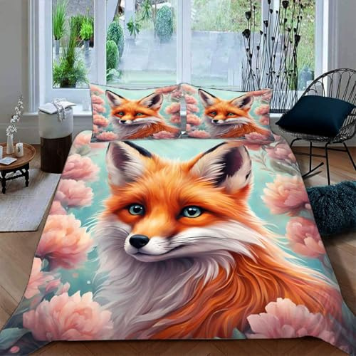 Zbeiba Bettwäsche 135x200cm Fuchs in Blumen Bettbezug und 2 Kissenbezug 80x80cm 3 teilig,#13,3D Drucken Bettbezug Mit Reißverschluss