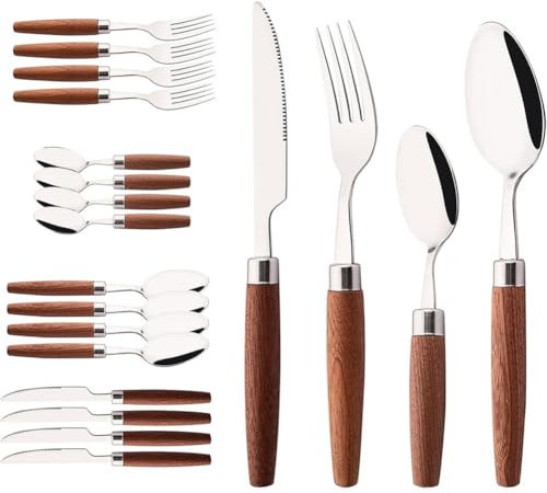 GIWFBQTR Ensemble de Couverts en Acier Inoxydable avec Manche en Bois Imitation Couverts Occidentaux Ensemble de Couverts Couteau, Fourchette, Cuillère à Café