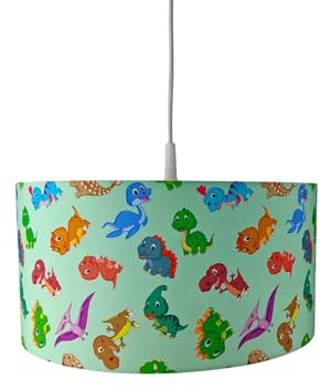 meineWunschleuchte Coole Stoff Hängelampe mit Dino Motiv fürs Kinderzimmer, bunt Ø 35cm