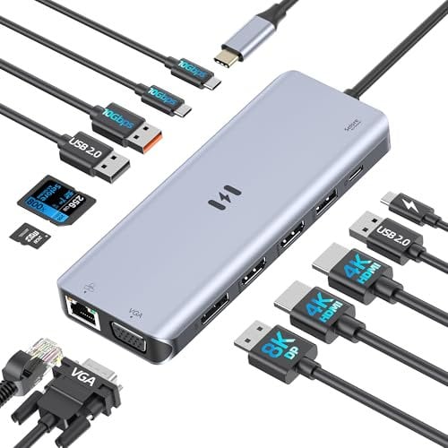USB C Docking Station Quad Display, 13-in-1 Laptop Docking Station Dual Monitor with 2 HDMI 4K@60Hz, DP 8K@30Hz, VGA, USB A&C 3.1, PD100W, Ethernet, SD/TF, Thunderbolt 3/4 Dock for MacBook/Dell/Lenovo