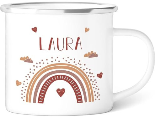 GRAVURZEILE Emaille Tasse für Kinder - Kindermotive - Personalisiert mit Namen - 8 versch. Motive - 300 ml - Trinkbecher für Kinder - Geschenk für Jungen & Mädchen - Farbe: Regenbogen Rot