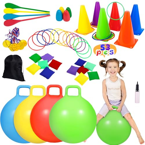 CWLAKON 5-in-1 Outdoor Carnival Games Set 53Pcs, Hopper Balls for Kids, Soft Plastic Cones Bean Bags Ring Toss Game, Egg Spoon Relay Race, Sports Day Kit Garden Lawn Party Game for Birthdays, BBQs
