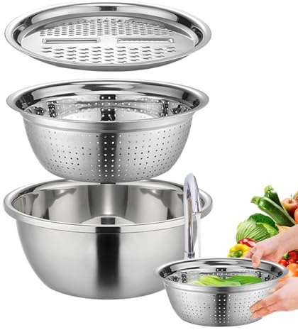 Multifunctional Stainless Steel Basin with Grater, Salad Maker Bowl with Drain Basket, Multifunctional Kitchen Grater, Germany Drain Basin Colander Strainer, Graters for Kitchen, for Fruit Vegetable