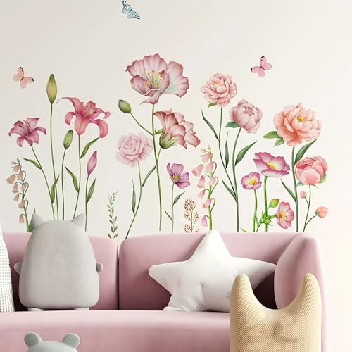 OUFEI Wall Stickers Floral Wallpaper Peel and Stick Pink Fresh Flowers Wall Decals for Living Room Girls Bedroom Baby Kids Nursery Wall Decoration