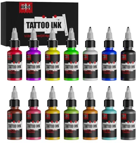 Farb -Tattoo -Tinten -Set für Praxis und Hautdesign - 15 ml lebendige Pigmente für Umrisse und Fülle von Arbeiten, ideal für Künstler und Anfänger,14 Colors