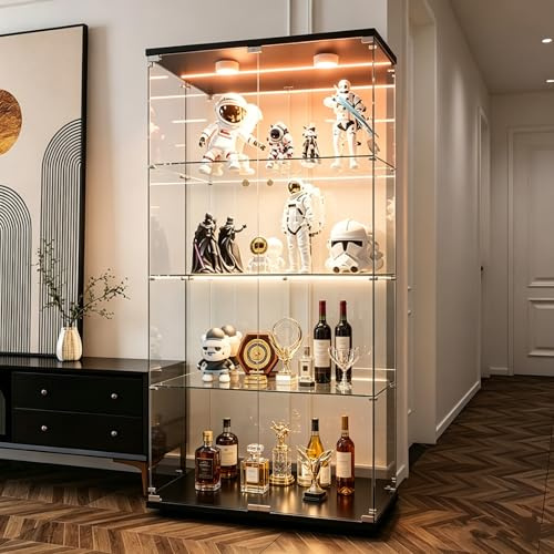 CXHLXYR Vetrina in vetro con LED, vetrine in vetro a due ante 4 ripiani in armadio in vetro, vetrine da collezione per il bar il soggiorno, 164 x 81 x 37 cm (2 ante 4 strati specchio LED, nero)